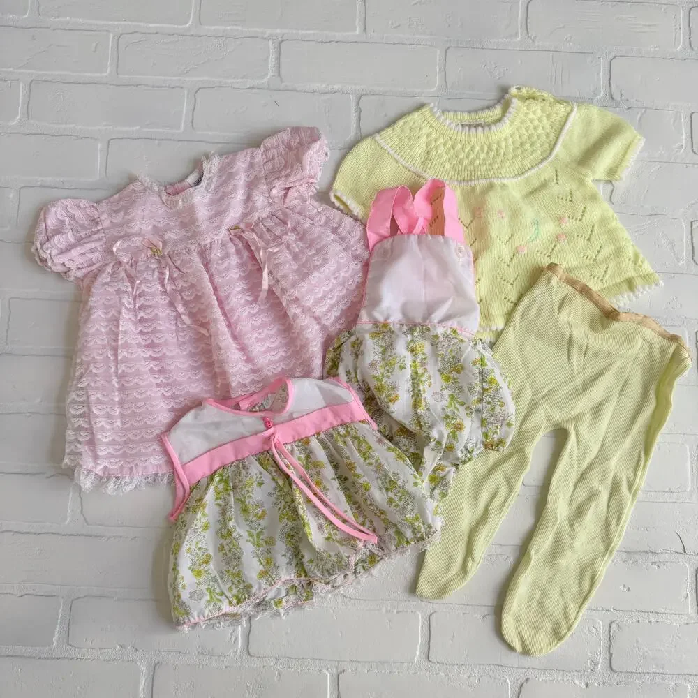 Adorable Vintage Baby Girl Clothes or Doll Pastel Dress Romper Set of 5